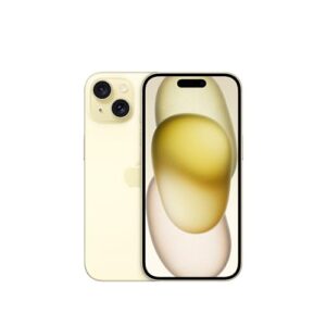 Un iPhone 15 di colore giallo è posizionato su una superficie chiara, mostrando il suo design elegante e moderno, con il display acceso e alcune app visibili.