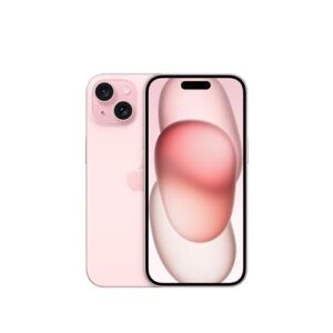 Un iPhone 15 rosa è posizionato su una superficie bianca, circondato da un caricabatterie e un cavo USB. L'ambiente è luminoso e minimalista.
