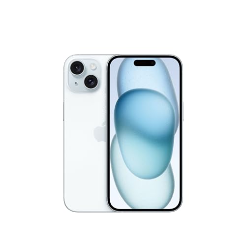 Un iPhone 15 di colore azzurro è posizionato su una superficie chiara, mostrando il suo design elegante e moderno, con il display acceso e visibile.