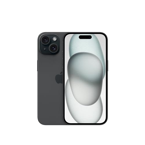 Un iPhone 15 di colore nero è posizionato su un supporto elegante, con uno sfondo neutro che mette in risalto il design del dispositivo. Non ci sono persone visibili.