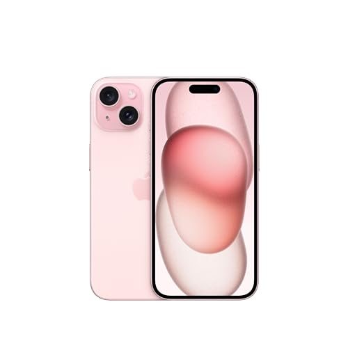 Un iPhone 15 rosa è posizionato su una superficie bianca, circondato da un caricabatterie e un cavo Lightning. L'ambiente è luminoso e pulito, evidenziando il design elegante del telefono.