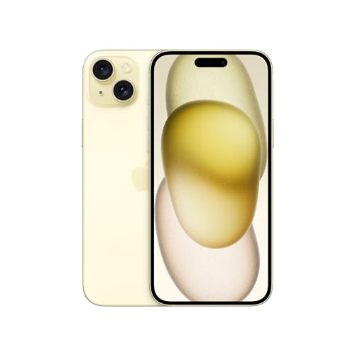 Un iPhone 15 Plus di colore giallo è posizionato su una superficie bianca, con il display acceso che mostra un'immagine vivace. L'ambiente è luminoso e pulito.