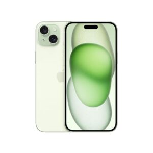 Un iPhone 15 Plus di colore verde è posizionato su una superficie chiara, con un design elegante e moderno, evidenziando il suo schermo e le curve morbide.