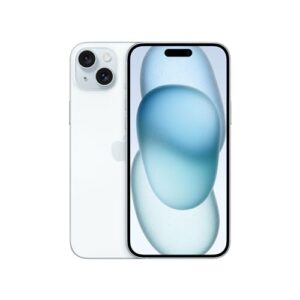 Un iPhone 15 Plus di colore azzurro è posizionato su una superficie bianca, con un riflesso luminoso. Sullo sfondo si intravede un ambiente neutro e moderno.