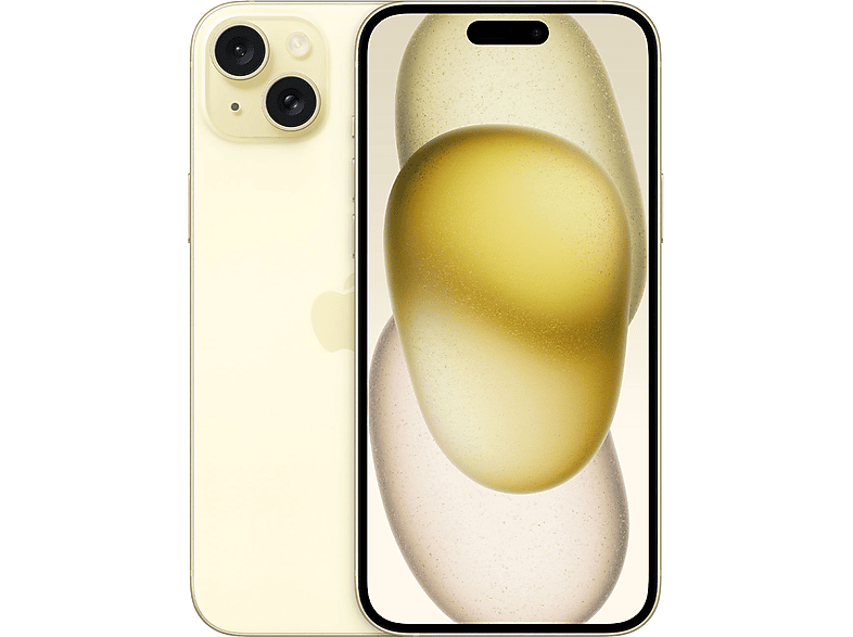 Un iPhone 15 Plus di colore giallo è posizionato su una superficie bianca. Il dispositivo è mostrato frontalmente, evidenziando il suo design elegante e le curve morbide. Non ci sono altre persone o oggetti visibili.