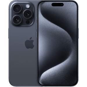 Un iPhone 15 Pro di colore blu titanio è appoggiato su una superficie chiara, mostrando il suo design elegante e moderno. Sullo sfondo, si intravedono riflessi luminosi che ne esaltano la bellezza.