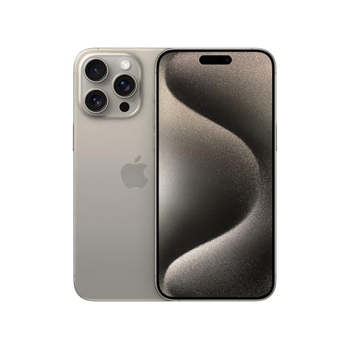 Un iPhone 15 Pro Max in titanio naturale è appoggiato su una superficie chiara, mostrando il suo design elegante e moderno, con riflessi metallici e un display luminoso.