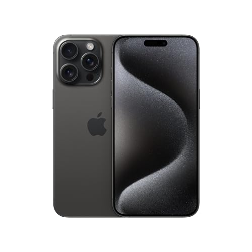 Un iPhone 15 Pro Max di colore titanio nero è posizionato su una superficie chiara, evidenziando il suo design elegante e moderno, con la fotocamera visibile sul retro.