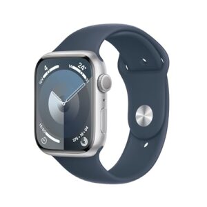 Apple Watch Series 9 GPS 45mm Smartwatch con cassa in alluminio color argento e Cinturino Sport blu tempesta - S/M. Fitness tracker, app Livelli O₂, display Retina always-on, resistente all’acqua