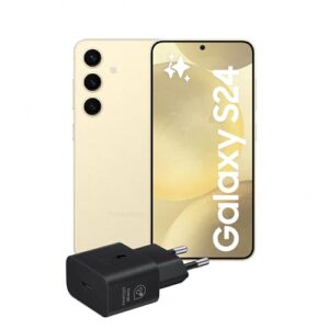 Un elegante smartphone Samsung Galaxy S24 è posizionato su una superficie chiara, accanto a un caricatore. Il display mostra un'immagine vivace e colorata, evidenziando le sue caratteristiche moderne.
