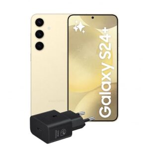 Un elegante smartphone Samsung Galaxy S24 è posizionato su una superficie chiara, accanto a un caricatore. Lo schermo mostra un'immagine vivace e dettagliata, mentre il design del telefono è moderno e raffinato.