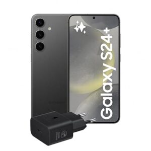Un elegante smartphone Samsung Galaxy S24 è posizionato su una superficie chiara, accanto a un caricatore. Lo schermo del dispositivo mostra un'immagine vivace e dettagliata.