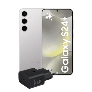 Un elegante smartphone Samsung Galaxy S24 è posizionato su una superficie chiara, accanto a un caricatore. Lo schermo mostra un'interfaccia colorata e moderna, mentre il caricatore è di design compatto.