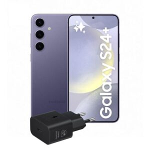 Un elegante smartphone Samsung Galaxy S24 è posizionato su una superficie bianca, accanto a un caricatore. Il display mostra colori vividi e dettagli nitidi, evidenziando le sue caratteristiche moderne.