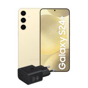 Un elegante smartphone Samsung Galaxy S24 è posizionato su una superficie chiara, accanto a un caricatore. Il display mostra colori vivaci e dettagli nitidi.