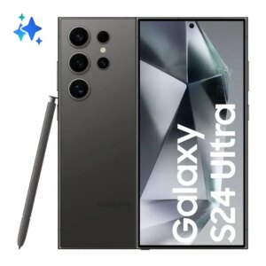 Un elegante smartphone Samsung Galaxy S24 Ultra è posizionato su una superficie scura, con il display acceso che mostra un'immagine vibrante e dettagliata. La luce riflette sul vetro, evidenziando il design moderno del dispositivo.