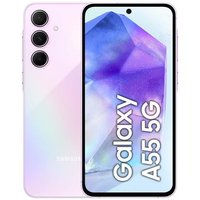 Un smartphone Galaxy A55 con display Super AMOLED è appoggiato su una superficie chiara. Il dispositivo presenta un design elegante e moderno, con un'illuminazione che mette in risalto i dettagli del display.