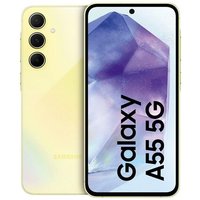 Un smartphone Samsung Galaxy A55 è posizionato su una superficie chiara, evidenziando il suo design elegante e il display AMOLED. Accanto, si notano accessori come cuffie e un caricabatterie.