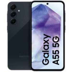 Un smartphone Galaxy A55 con display AMOLED, evidenziato su uno sfondo neutro. Il dispositivo è nero e presenta una fotocamera da 50 MP, con un design elegante e moderno.