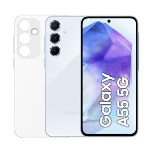 Un smartphone Samsung Galaxy A55 con una cover trasparente è appoggiato su una superficie chiara. Il display mostra un'interfaccia utente colorata e moderna, evidenziando la sua eleganza e funzionalità.