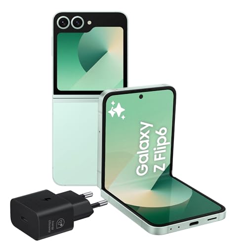 Un elegante smartphone pieghevole Samsung Galaxy Z Flip 6 è appoggiato su una superficie chiara, accanto a un caricatore. L'ambiente è luminoso e moderno, con riflessi sul dispositivo.