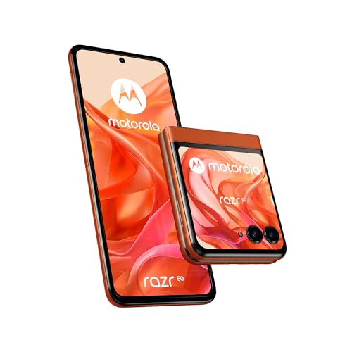 Un elegante smartphone Motorola Razr è aperto, mostrando il suo schermo interno. Il design è moderno e sottile, con un display esterno visibile. Sullo sfondo, un ambiente luminoso e minimalista.