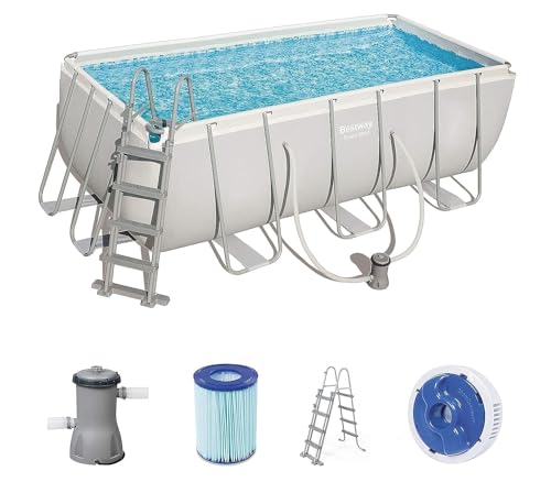 Bestway Power Steel Frame - Set per Piscina Quadrata, con Pompa Filtro a Cartuccia e Scala, 412 x 201 x 122 cm, Colore: Grigio