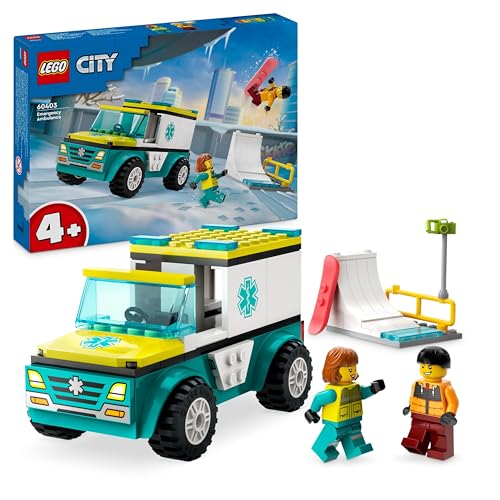 LEGO City Ambulanza di Emergenza e Snowboarder, Veicolo Giocattolo Fuoristrada per il Pronto Soccorso, Giochi per Bambini Bambine da 4 Anni in su con Minifigure del Paramedico 60403