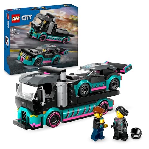 LEGO City Auto da Corsa e Trasportatore, Macchina e Camion Giocattolo per Bambini e Bambine da 6 Anni, Veicolo da Costruire con Rampa Funzionante, Minifigure del Pilota e del Camionista 60406