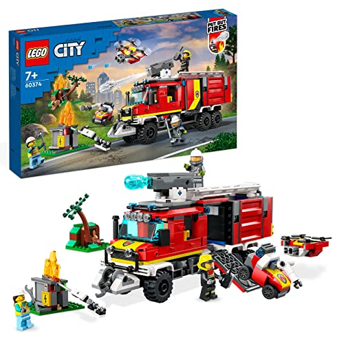 LEGO City Autopompa dei Vigili del Fuoco, Unità di Comando dei Pompieri con Camion Giocattolo e Droni Terrestri e Aerei, Giochi d'Azione per Bambini e Bambine da 7 Anni, Idea Regalo 60374