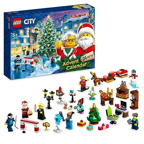 LEGO City Calendario dell'Avvento 2023 con 24 Regali, Incluse le Figure di Babbo Natale e della Renna, e Tappeto da Gioco Invernale, Regalo Natalizio per Bambini, Bambine, Ragazzi e Ragazze 60381