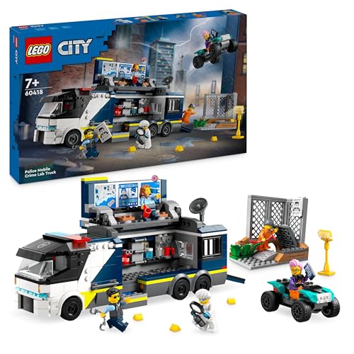 LEGO City Camion Laboratorio Mobile della Polizia, Giocattolo per Bambini e Bambine da 7 Anni in su con Veicolo Quad Bike da Costruire e Minifigure di 2 Agenti, 1 Scienziato e 2 Criminali 60418