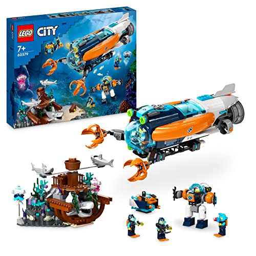 LEGO City Sottomarino per Esplorazioni Abissali Giocattolo con Drone, Squali, Relitto di Barca e Minifigure di Sub, Regalo di Compleanno per Bambini e Bambine dai 7 Anni in su 60379