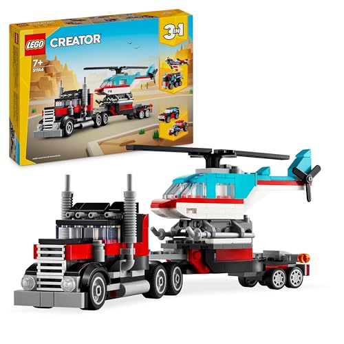 LEGO Creator 3 in 1 Autocarro con Elicottero, Giochi per Bambini e Bambine da 7 Anni, Camion Giocattolo Ricostruibile in Aereo e Cisterna o in Auto da Corsa e SUV, Idea Regalo di Compleanno 31146