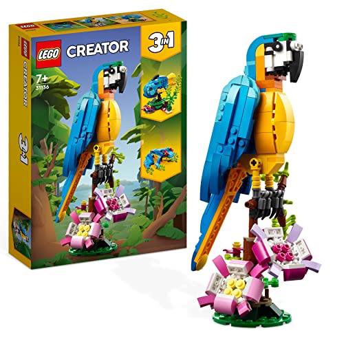 LEGO Creator Pappagallo Esotico, Set 3 in 1 con Pesce e Rana, Animali Giocattolo da Costruire, Giochi Creativi per Bambini e Bambine da 7 Anni in su con Figure della Giungla, Idee Regalo 31136