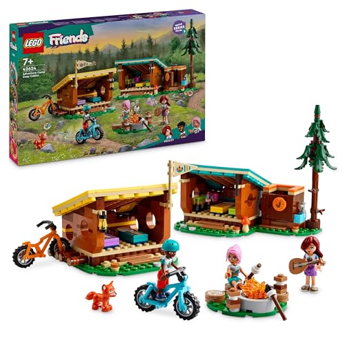 LEGO Friends Cabine Relax al Campo Avventure, Giochi Educativi per Bambine e Bambini da 7 Anni, Campeggio Giocattolo da Costruire con 3 Personaggi, 2 Mountain Bike e una Volpe, Idee Regalo 42624