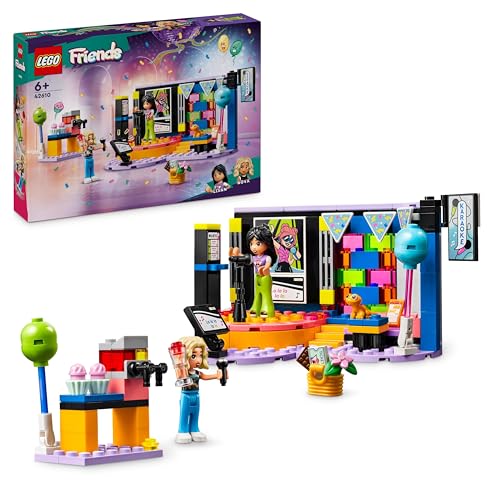 LEGO Friends Karaoke Party, Giochi Musicali per Bambine e Bambini da 6 Anni in su con Palco Girevole, Microfoni Giocattolo, 2 Mini Bamboline di Liann e Nova e una Figura di Geco 42610