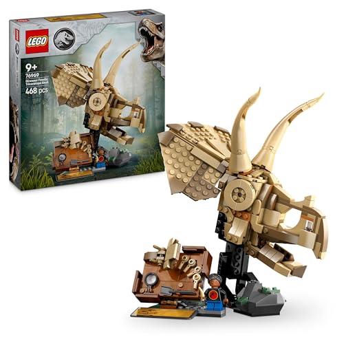 LEGO Jurassic World Fossili di Dinosauro: Teschio di Triceratopo, Giocattolo da Costruire con Mascella Apribile, Supporto, Minifigure, Targa Informativa e Ambra, Giochi per Bambini da 9 Anni 76969