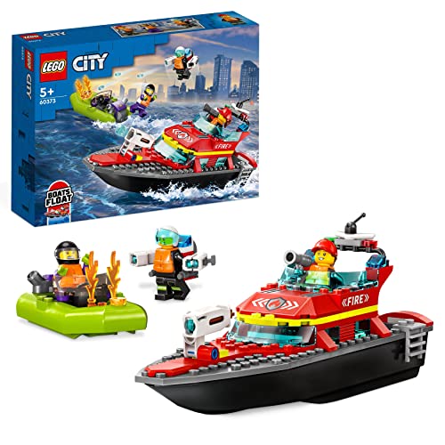 LEGO City Fire Barca di Soccorso Antincendio dei Vigili del Fuoco, Nave Giocattolo Galleggiante con Gommone di Salvataggio e Minifigure 60373