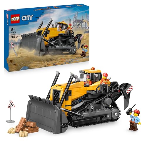 LEGO City Bulldozer Giallo Giocattolo - Set con Veicolo da Cantiere per Costruzioni di Grandi Dimensioni - 3 Minifigure, Mattoncini Aggiuntivi e Segnali Stradali - Regalo per Bambini da 8 Anni - 60466