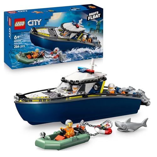 LEGO City Inseguimento del Motoscafo della Polizia – Include 2 Barche Giocattolo, 3 Minifigure e una Figura di Squalo – Regalo per Bambini e Bambine da 6 Anni in su – 60456