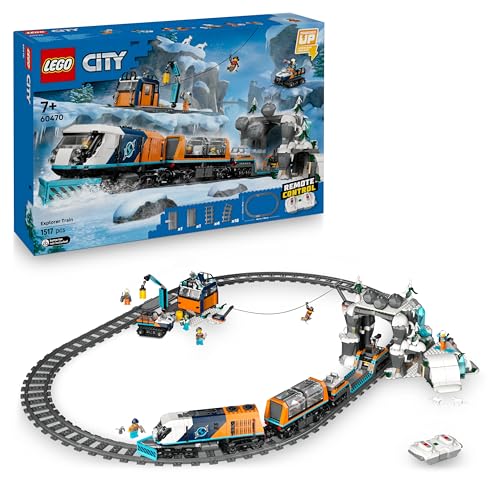 LEGO City Treno Espresso Artico degli Esploratori - Include un Treno Giocattolo Telecomandato con Spazzaneve, Gru, 30 Binari, 6 Minifigure e Funzione Caduta Massi - Regalo per Bambini da 7 Anni 60470
