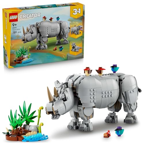LEGO Creator 3 in 1 Animali Selvatici: Maestoso Rinoceronte con Uccelli Giocattolo - Set con Animale Trasformabile in Ippopotamo o Tricheco - Regalo Creativo per Bambine e Bambini da 9 Anni - 31171