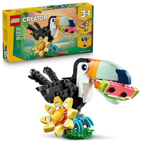 LEGO Creator 3 in 1 Animali Selvatici: Tucano Tropicale con Fiore - Animale Giocattolo Trasformabile in Farfalla o Pesce Tropicale - Regalo Creativo per Bambine e Bambini da 7 Anni in su - 31173