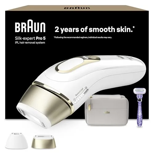 Braun Silk Expert Pro 5 Epilatore LUCE PULSATA Alternativa al laser, Ideale per Zone Sensibili, Viso, Bikini e Ascelle, 2 Accessori, Rasoio, Custodia Viaggio, Idea Regalo PL5157 Bianco e Oro