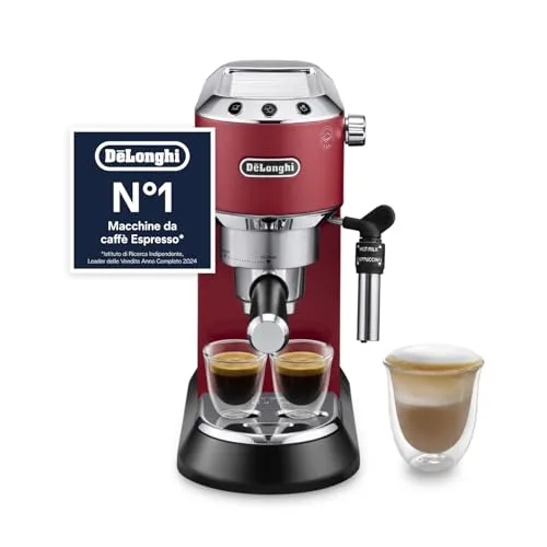De'Longhi Dedica EC685.R Macchina Caffè Espresso Manuale, Caffè Polvere o Cialde E.S.E., Montalatte classico per Cappuccini, Spegnimento Automatico, Serbatoio 1L, Filtro Singolo/Doppio, Rosso
