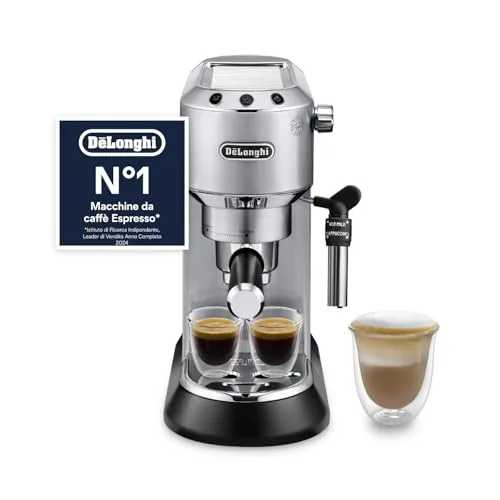 De’Longhi Dedica Style – Perfetto Macchina da Caffè Espresso, Compatibile con Cialde ESE, Montalatte Manuale per Cappuccino, Pannello di Controllo con Pulsanti, Larghezza 15 cm, Argento (EC685.M)