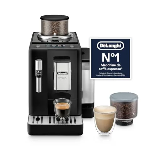 De'Longhi Rivelia Perfetto EXAM440.35.B Macchina da Caffè Automatica, Chicchi Macinati al Momento, Portachicchi Intercambiabile, Montalatte Classico, Display Touch a Colori, Nero Onice