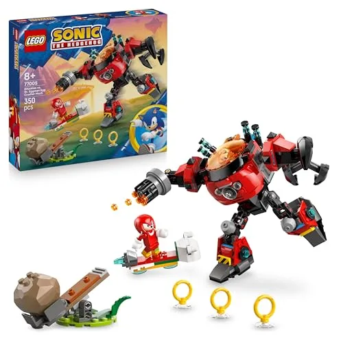 LEGO Sonic the Hedgehog Knuckles vs. Dr. Eggman Egg Crusher Mech Toy - Building Set incl. 2 Minifigures, Rings & Chaos Emeralds - Video Gaming Gift for 8+ Year Old Boys & Girls - 77005