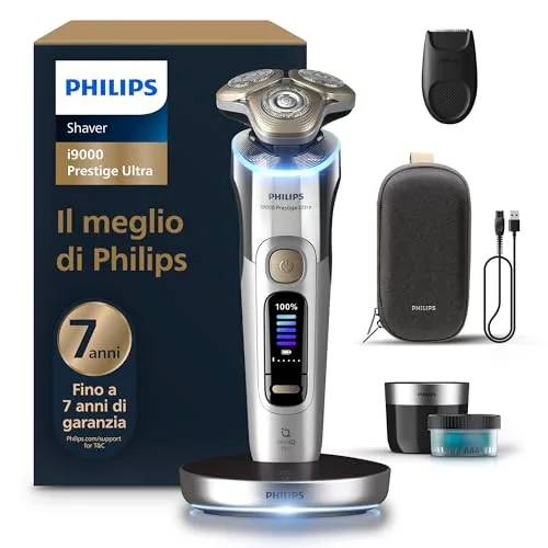 Philips Shaver i9000 Prestige Ultra, rasoio elettrico Wet & Dry, tecnologia Skin IQ Pro, triplo sistema di sollevamento e taglio, lame di precisione NanoTech 360º, 5 modalità di rasatura, XP9404/31